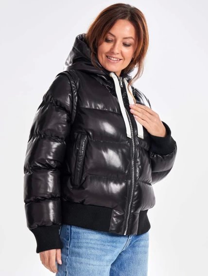 Утепленная стеганная кожаная куртка с капюшоном премиум класса для женщин 3077, черный, размер 46, артикул 23890-6